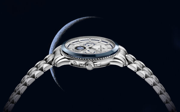 Auguste Reymond Magellan Orbital Moon Q44 with a silver sunray dial, fluted ceramic bezel and orbital moonphase at 6 o'clock