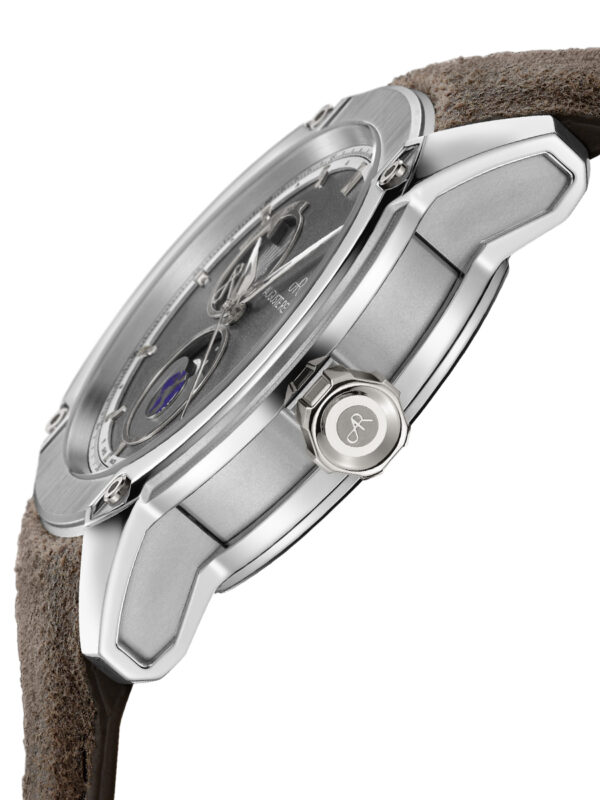 Profile of the ORIGIN watch from the Auguste Reymond manufacture. Steel case, black dial.