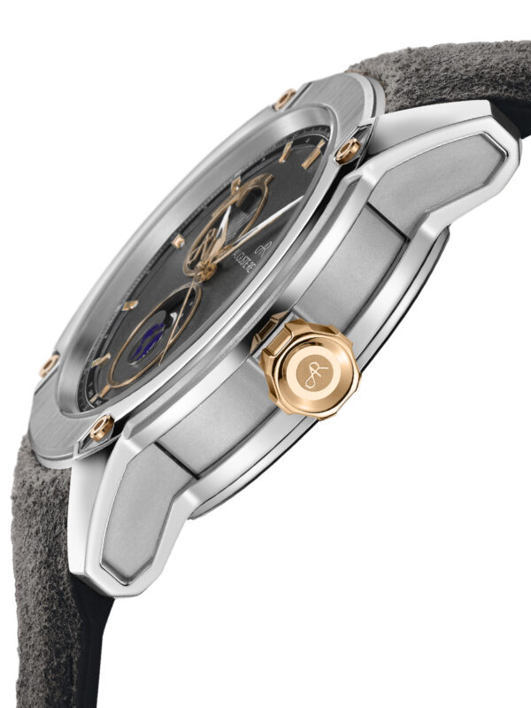 Profile of the UNITY DAY & NIGHT watch from the Auguste Reymond manufacture. Steel case, dark grey dial.